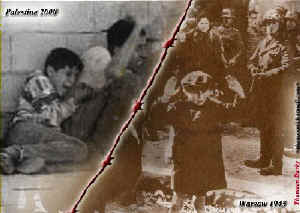 A double photo - on the left side is the Palestinian boy who was murdered by Israeli soldiers as described above, huddling next to his father by the wall.  Above this image is written 'Palestine, 2000'.  On the right side is the famous photo of the little Jewish boy in the Warsaw ghetto, with his arms held above his head as a crowd of German soldiers looks on. Above this image is written 'Warsaw, 1943'.  Separating the two sides of this double photo is a strand of red barbed wire.
